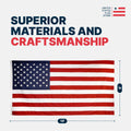 A 10x6 foot American flag shown on a light gray background with text reading 'SUPERIOR MATERIALS AND CRAFTSMANSHIP' and a 'United States Flag Store' logo. Dimension callouts indicate 10 feet wide and 6 feet tall.