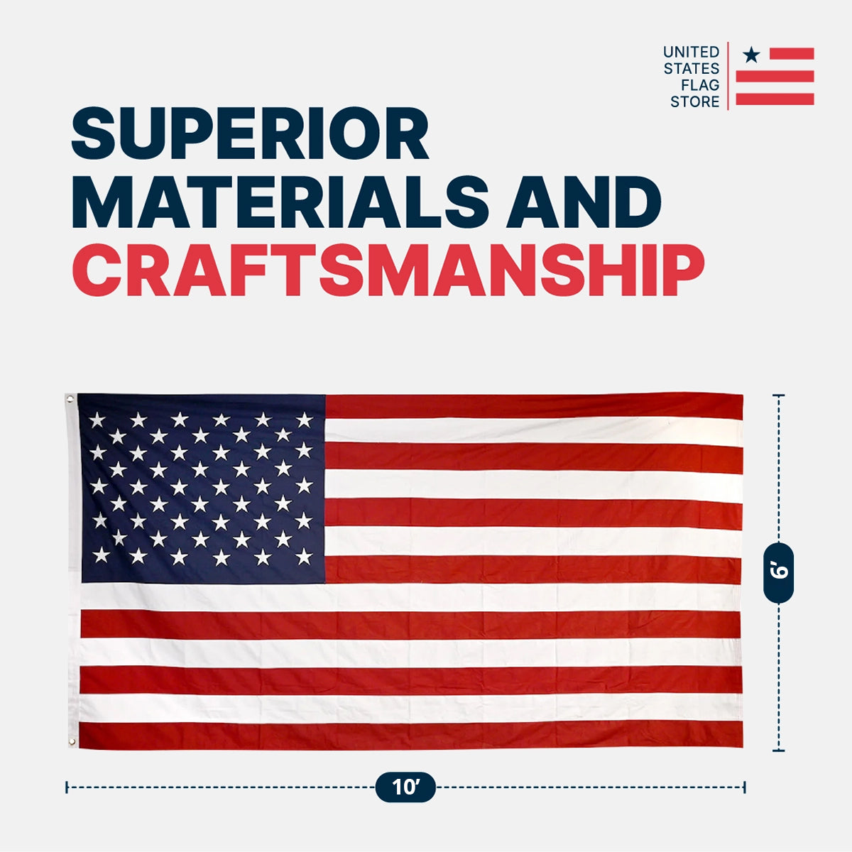 A 10x6 foot American flag shown on a light gray background with text reading 'SUPERIOR MATERIALS AND CRAFTSMANSHIP' and a 'United States Flag Store' logo. Dimension callouts indicate 10 feet wide and 6 feet tall.