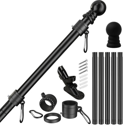 Black flagpole kit with various components on a white background