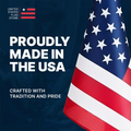 American flag with text 'Proudly Made in the USA' and 'Crafted with Tradition and Pride' on a blue background.