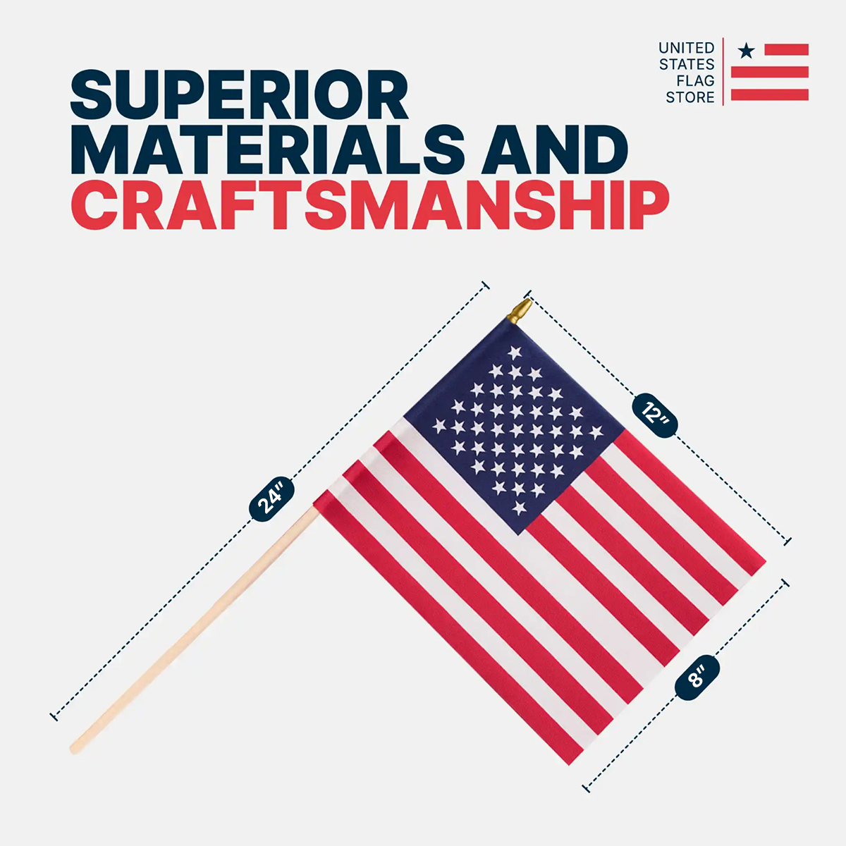 American flag with dimensions and text about superior materials and craftsmanship on a light gray background.