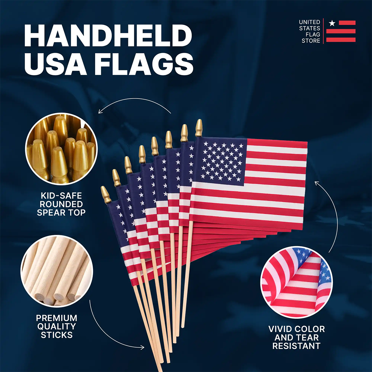 Handheld USA flags with features highlighted on a dark blue background