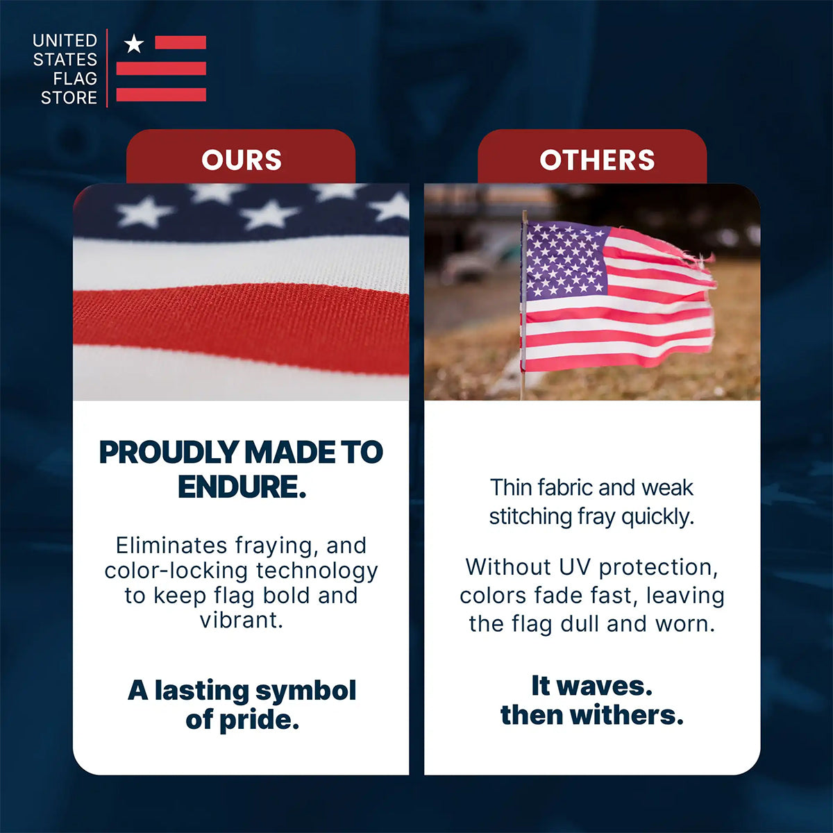 Comparison advertisement between a 'United States Flag Store' product and 'Others' on a dark blue background.