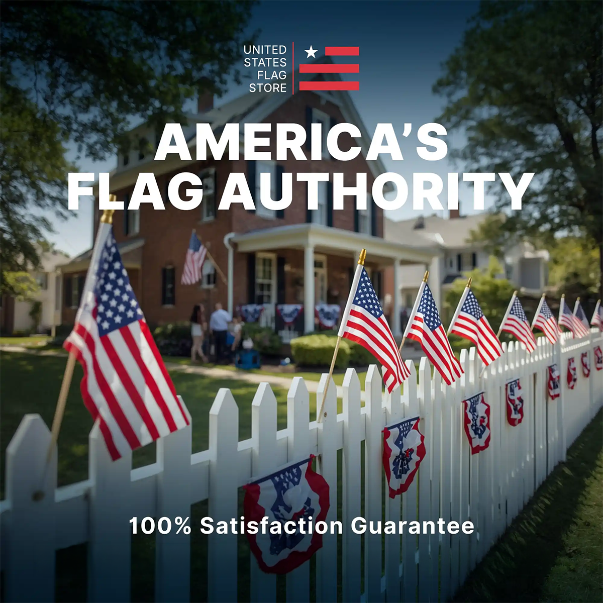 A white fence in a residential neighborhood with American Stick Flags and a call out for America's Flag Authority