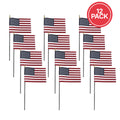 Twelve small American flags on thin black sticks arranged in a grid on a white background, with a red circular badge in the top right that says "12 PACK.".