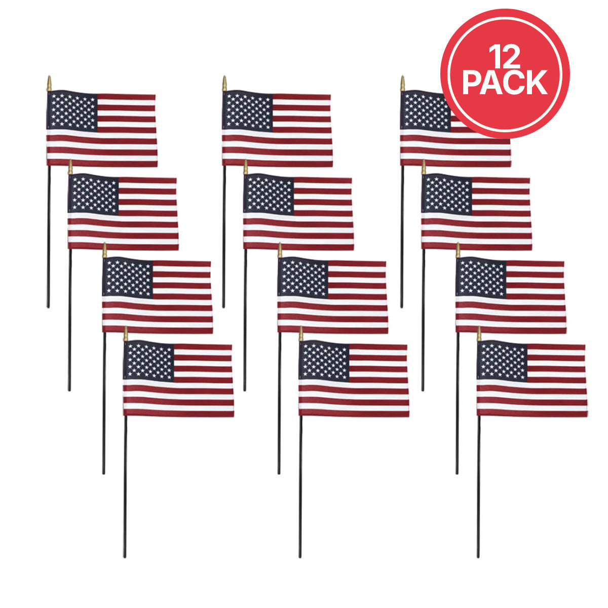 Twelve small American flags on thin black sticks arranged in a grid on a white background, with a red circular badge in the top right that says "12 PACK.".