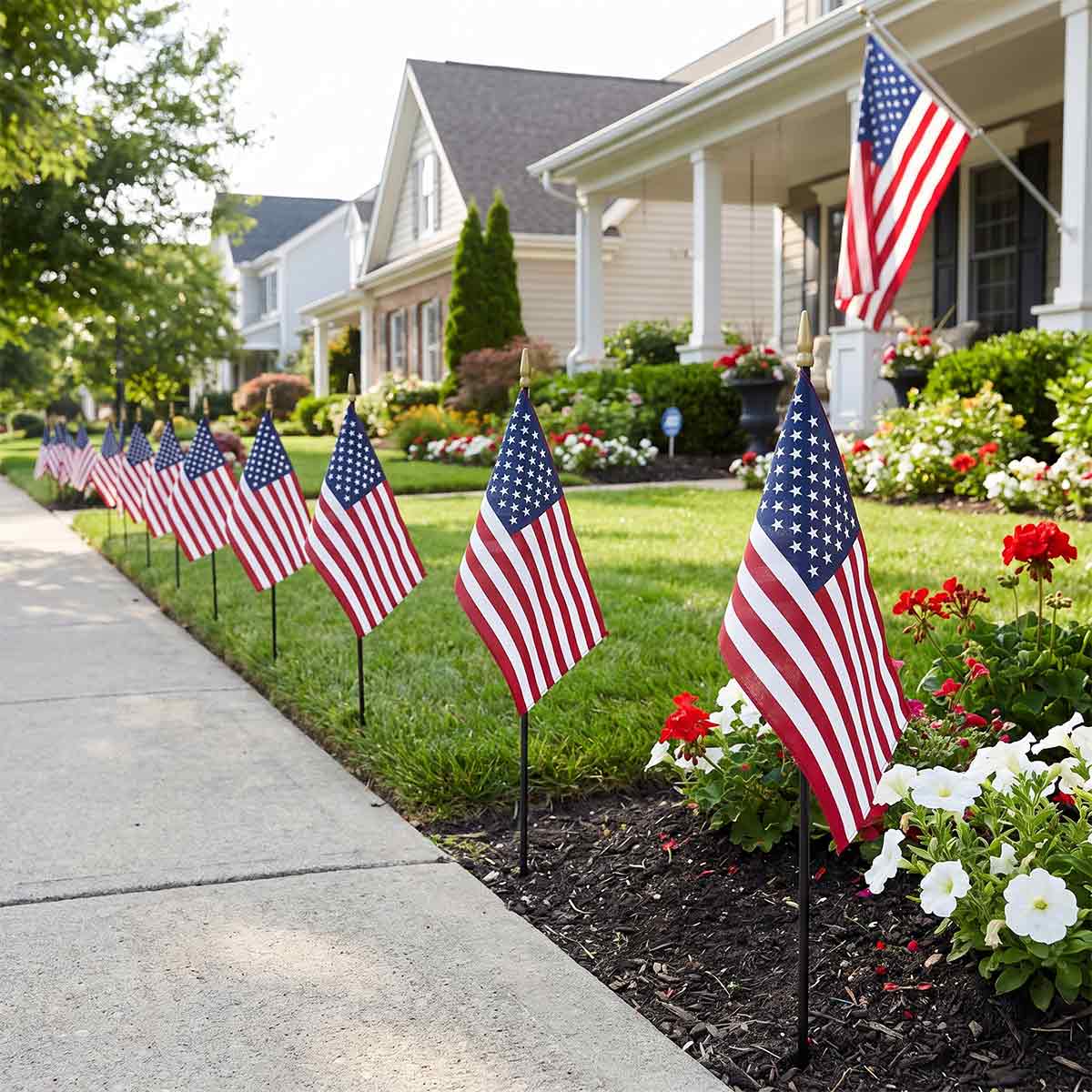 Small American flags on garden stakes along a suburban sidewalk, patriotic yard decor for Memorial Day and Fourth of July