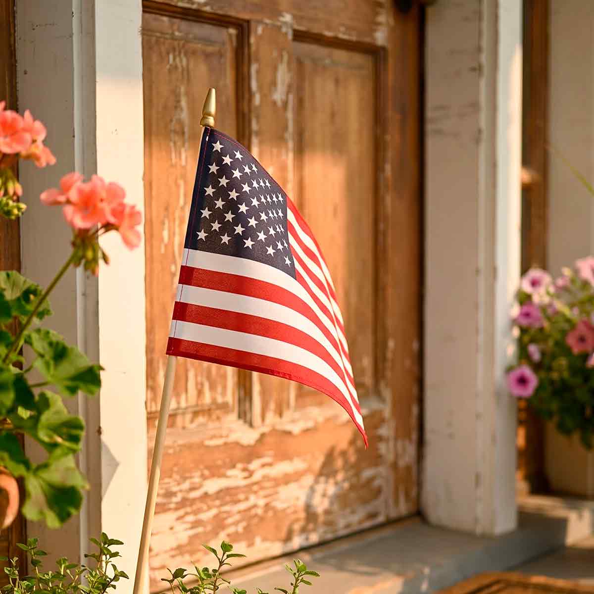 Small American stick flag displayed by a rustic front door with flowers