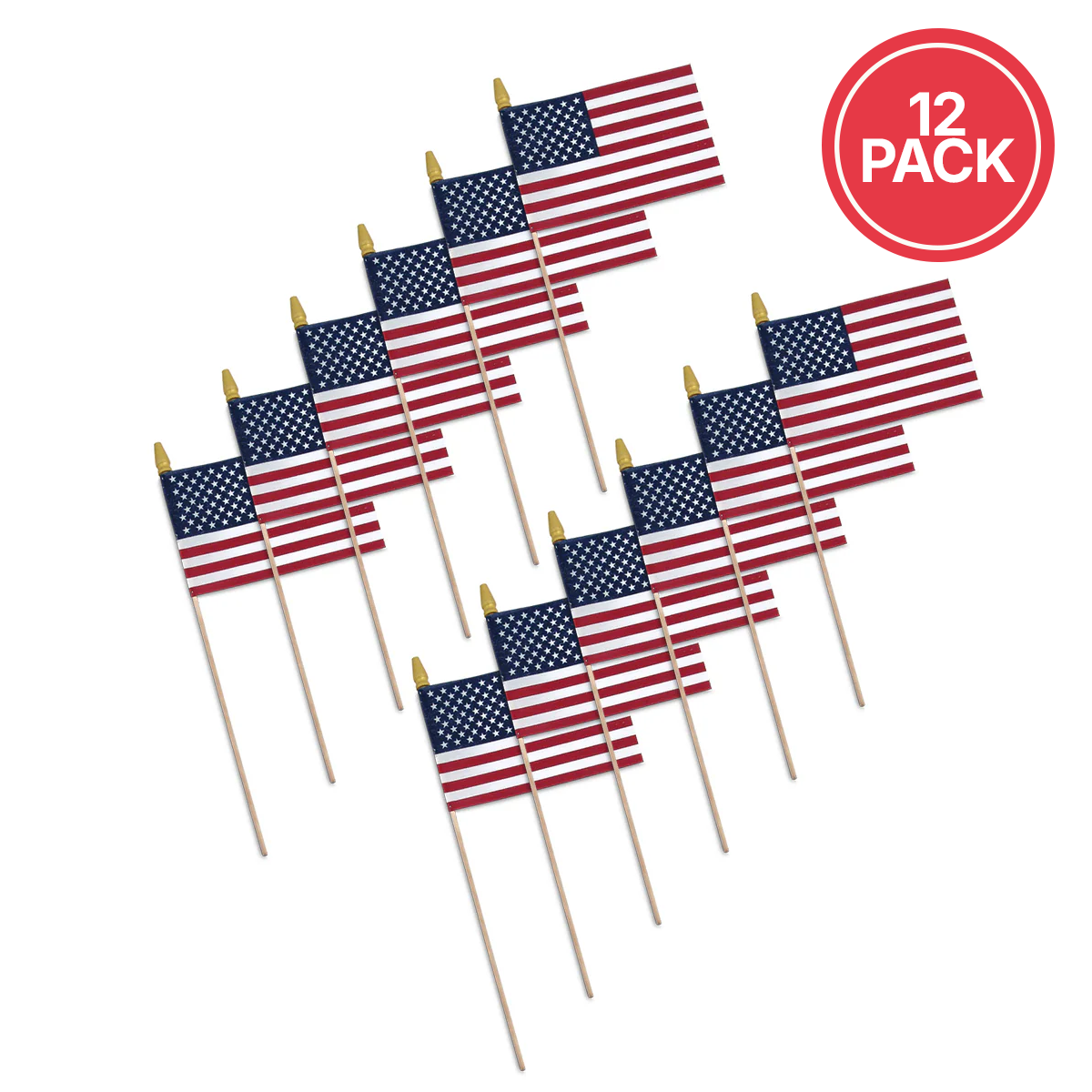 Super Tough 8"x12" Cotton US Stick Flag with 24" Wood Stick and Spear Tip - 12 Pack