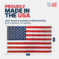 A 12 by 8 foot American flag shown on a light gray background with measurement callouts and promotional text reading 'Proudly Made in the USA' and 'United States Flag Store.'.
