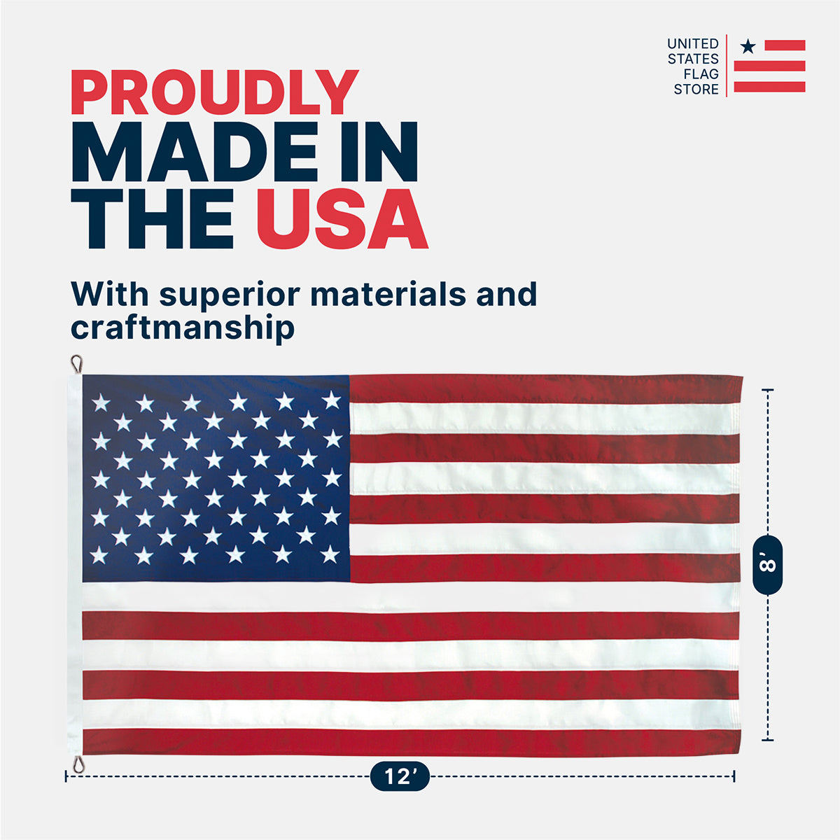 An American flag shown on a light gray background with promotional text reading 'PROUDLY MADE IN THE USA' and size callouts indicating 12 by 8 feet. A small 'United States Flag Store' logo appears in the top right.