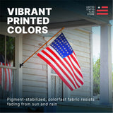 American flag on a porch with text about vibrant printed colors and United States Flag Store branding.