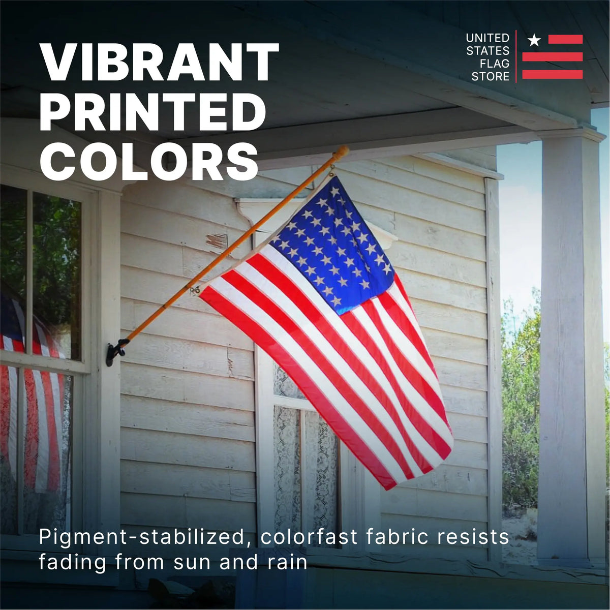 American flag on a porch with text about vibrant printed colors and United States Flag Store branding.