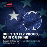 United States flag with water droplets and text about durable knitted polyester fabric.