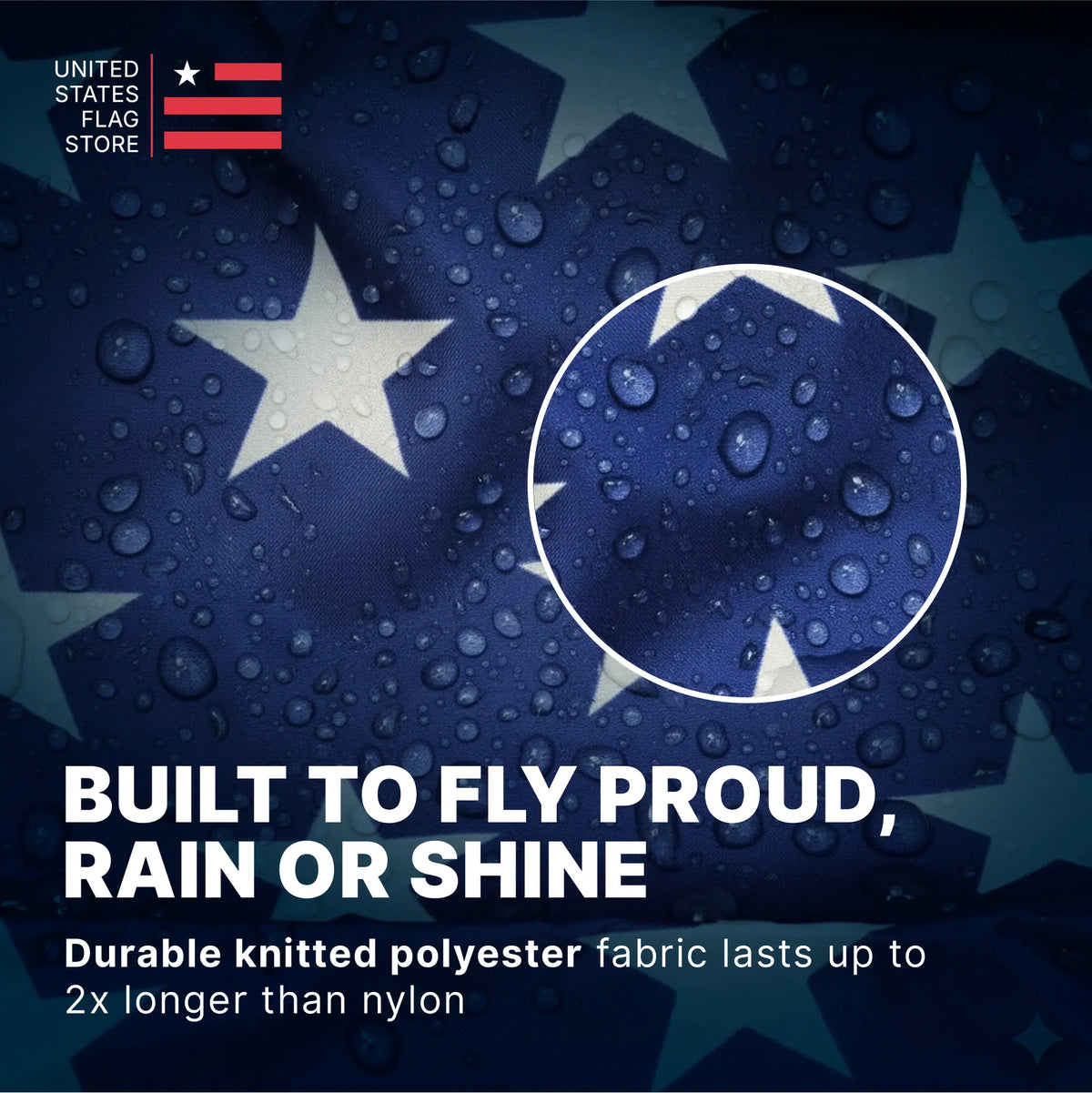 United States flag with water droplets and text about durable knitted polyester fabric.