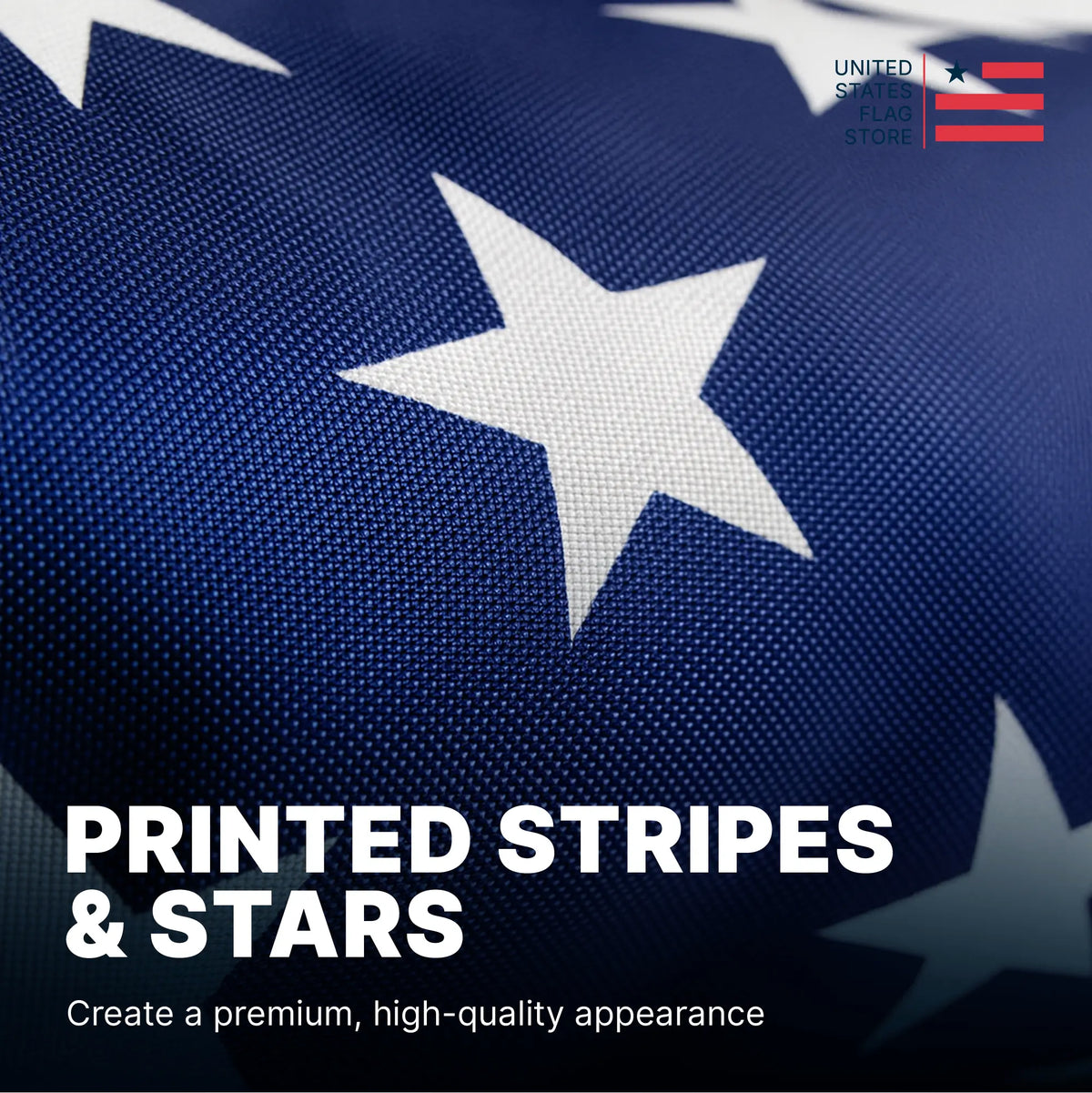 Close-up of a flag with printed stripes and stars, featuring the United States Flag Store logo.