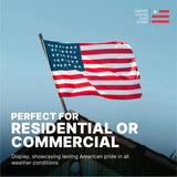 American flag waving on a flagpole against a clear blue sky, with text about residential or commercial use.