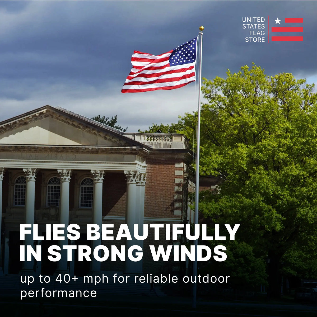 American flag flying in front of a building with text about its performance in strong winds.