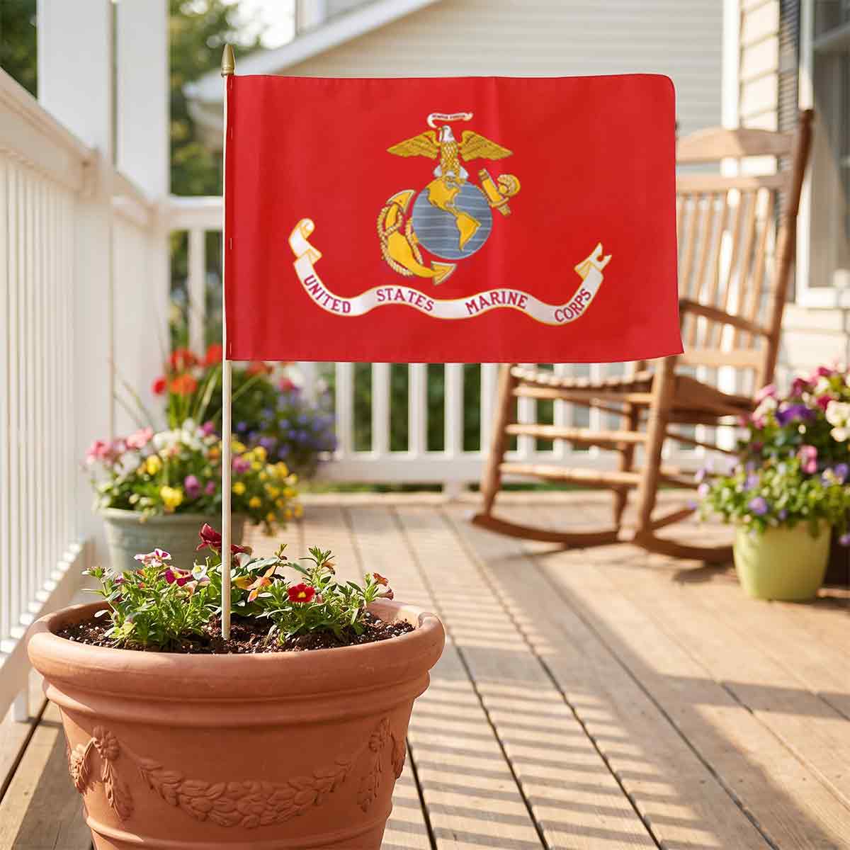 Valley Forge Polycotton 12 x 18 US Military Marine Stick Flag - Mounted on 30 Wooden Stick - Made in USA