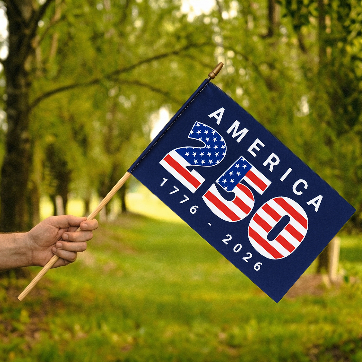 Person holding a flag with 'America 250' design outdoors