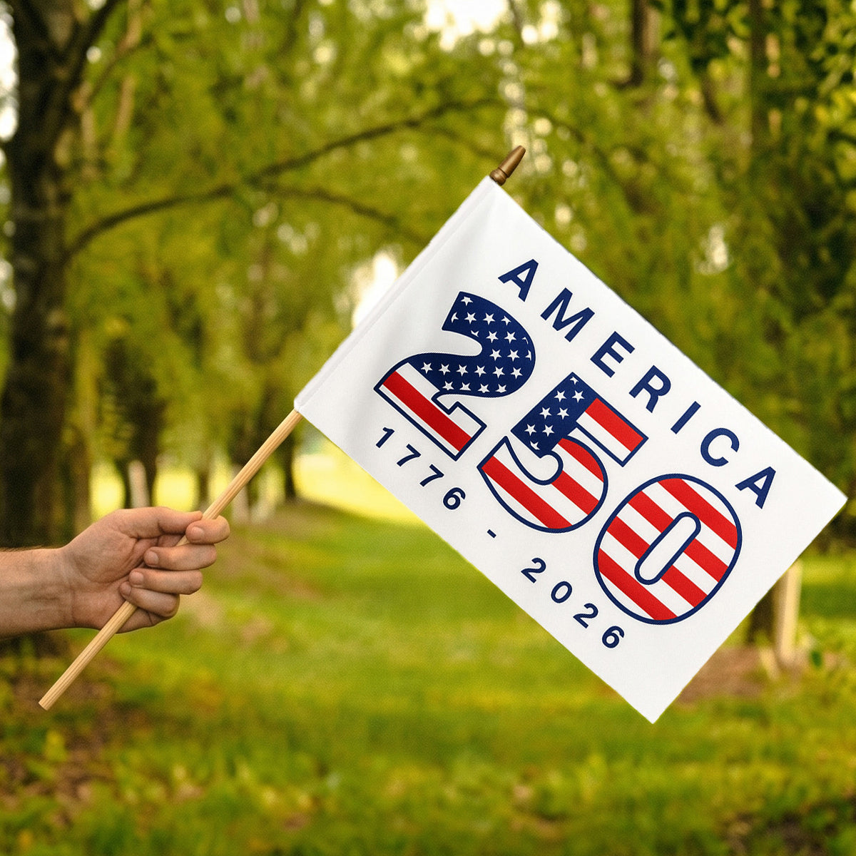 Hand holding a flag with 'America 250' text in a park setting