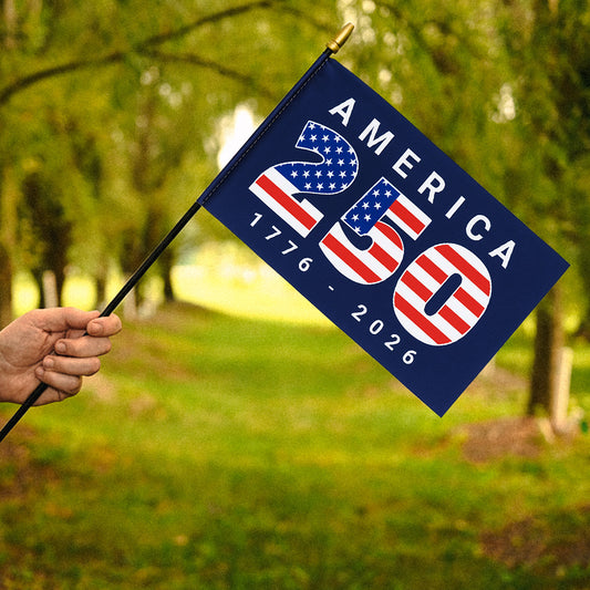 USA 250th Anniversary 12x18" Single-Sided Polyester Stick Flag with Blue Background - 30" Natural Wood Staff - Minimum of 6
