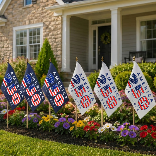 USA 250th Anniversary 12x18" Single-Sided Polyester Stick Flag with White Background - 30" Natural Wood Staff - Minimum of 6