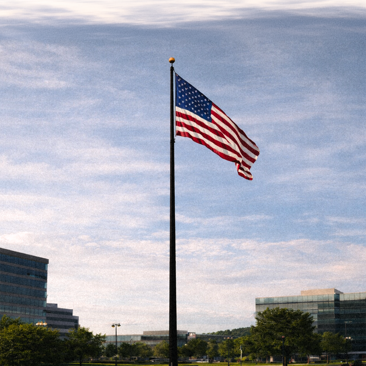 American flag on a flagpole against a cloudy sky with buildings and trees in the background