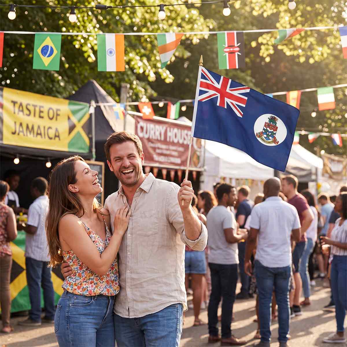 Cayman Islands flag waved by a couple at an international street food festival