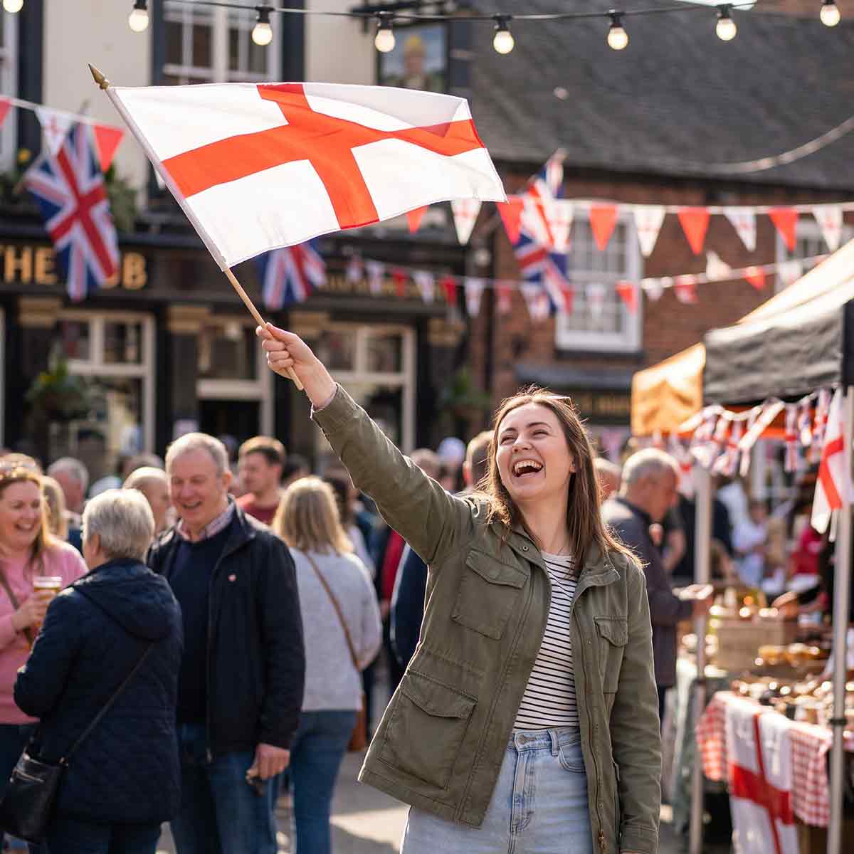 England flag waved by a woman at a street celebration