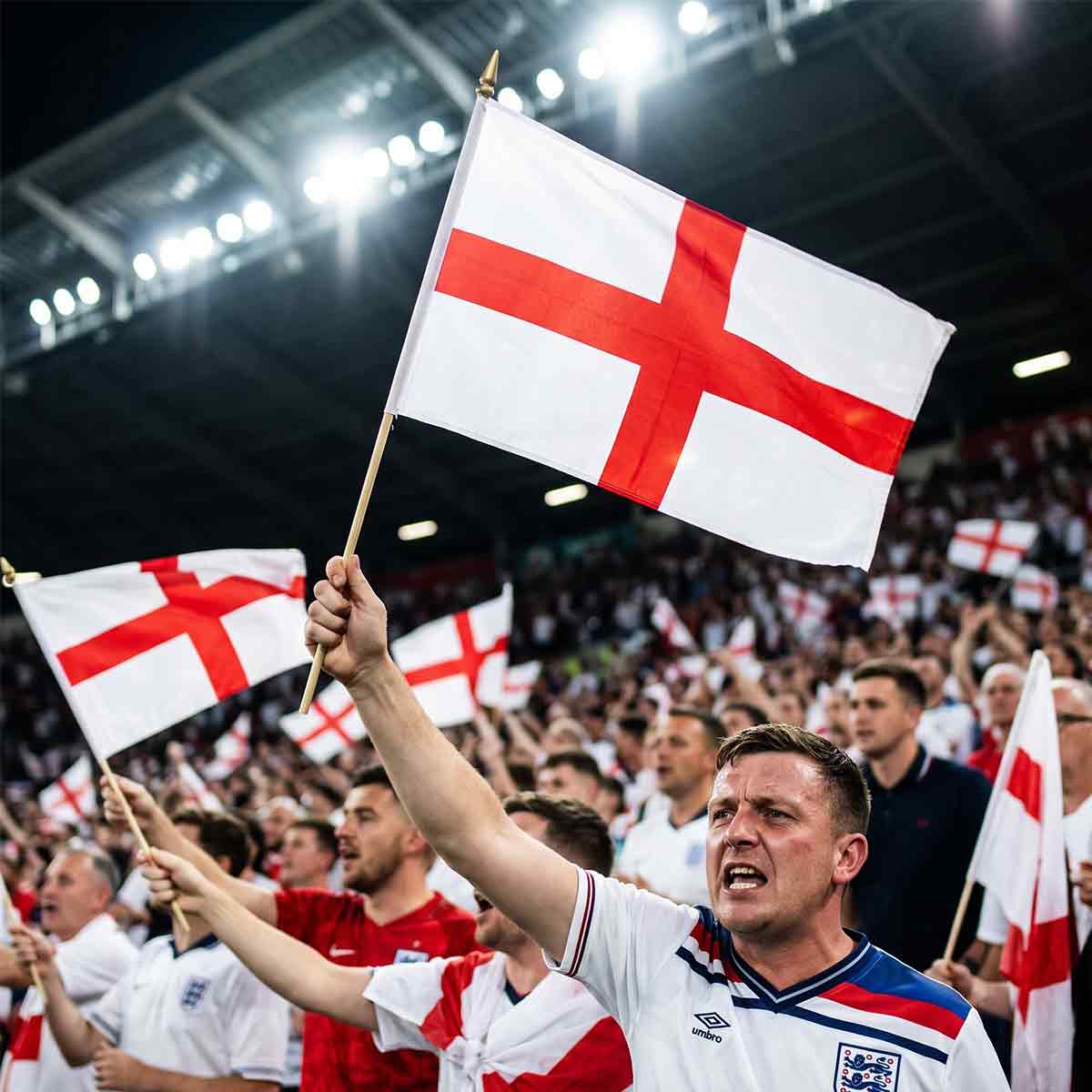England fans waving flags at a football stadium