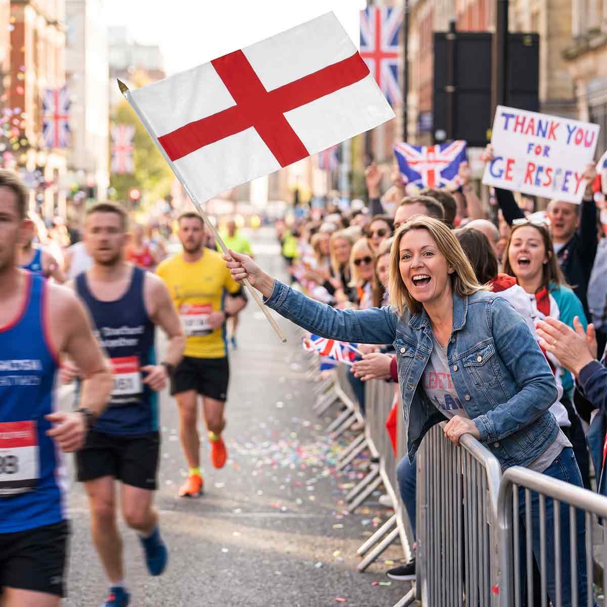 England flag waved by a spectator at a road race