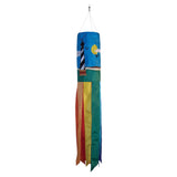 Lighthouse-themed windsock with colorful hanging tails.