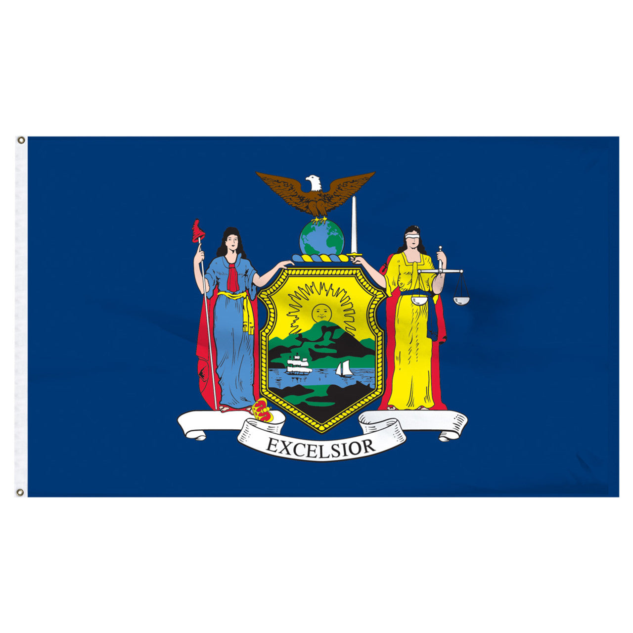 State of New York flag featuring the full-color state coat of arms with the figures of Liberty and Justice and the 'Excelsior' motto on a solid dark blue field.