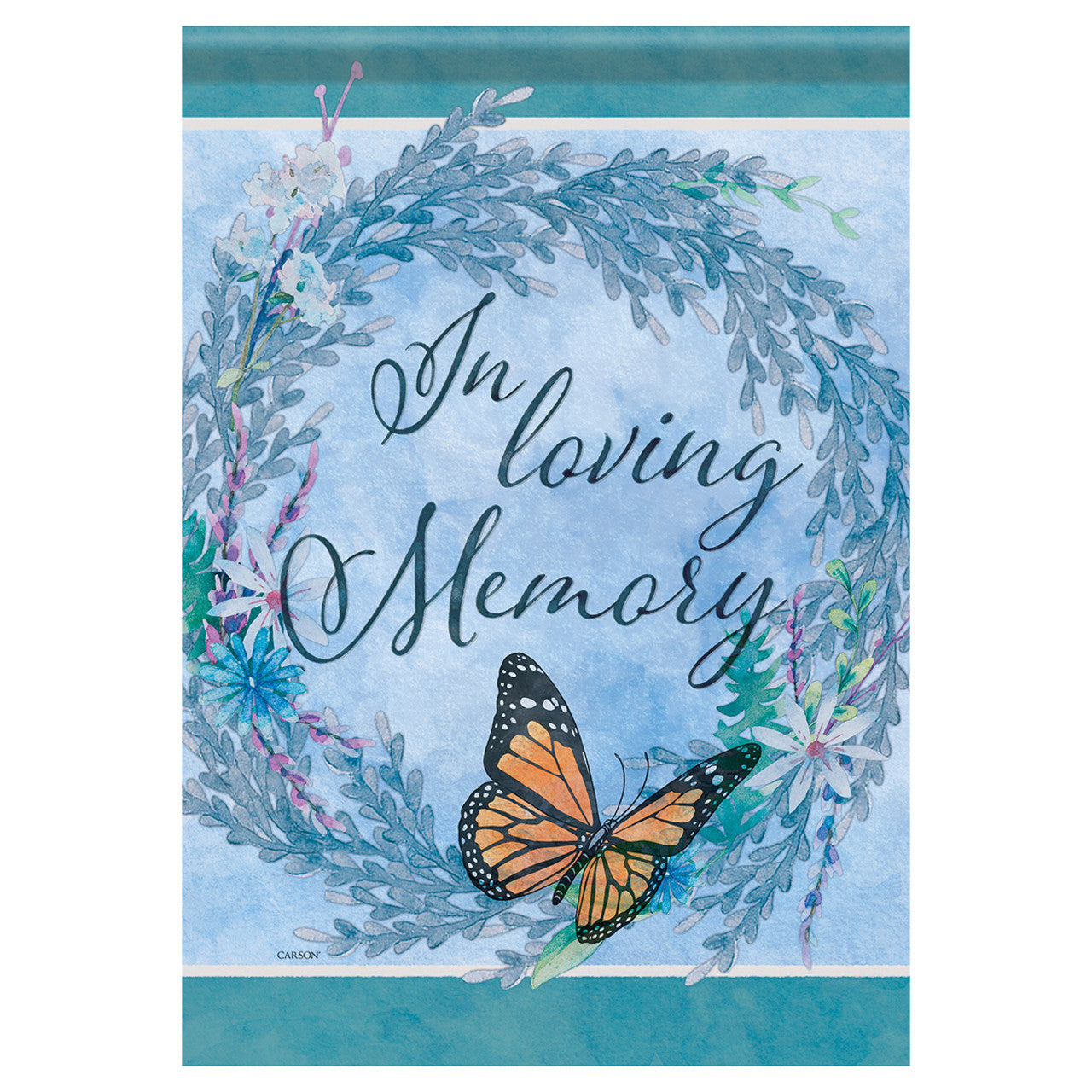 Memorial banner with 'In loving memory' text, butterfly, and floral wreath on a blue background.