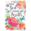 Floral design decorative flag with 'With God All Things Are Possible' text on a light background