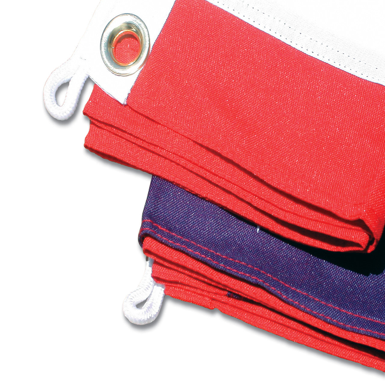 Red and blue fabric with grommets on a white background