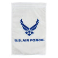 White flag with blue U.S. Air Force logo and text on a white background