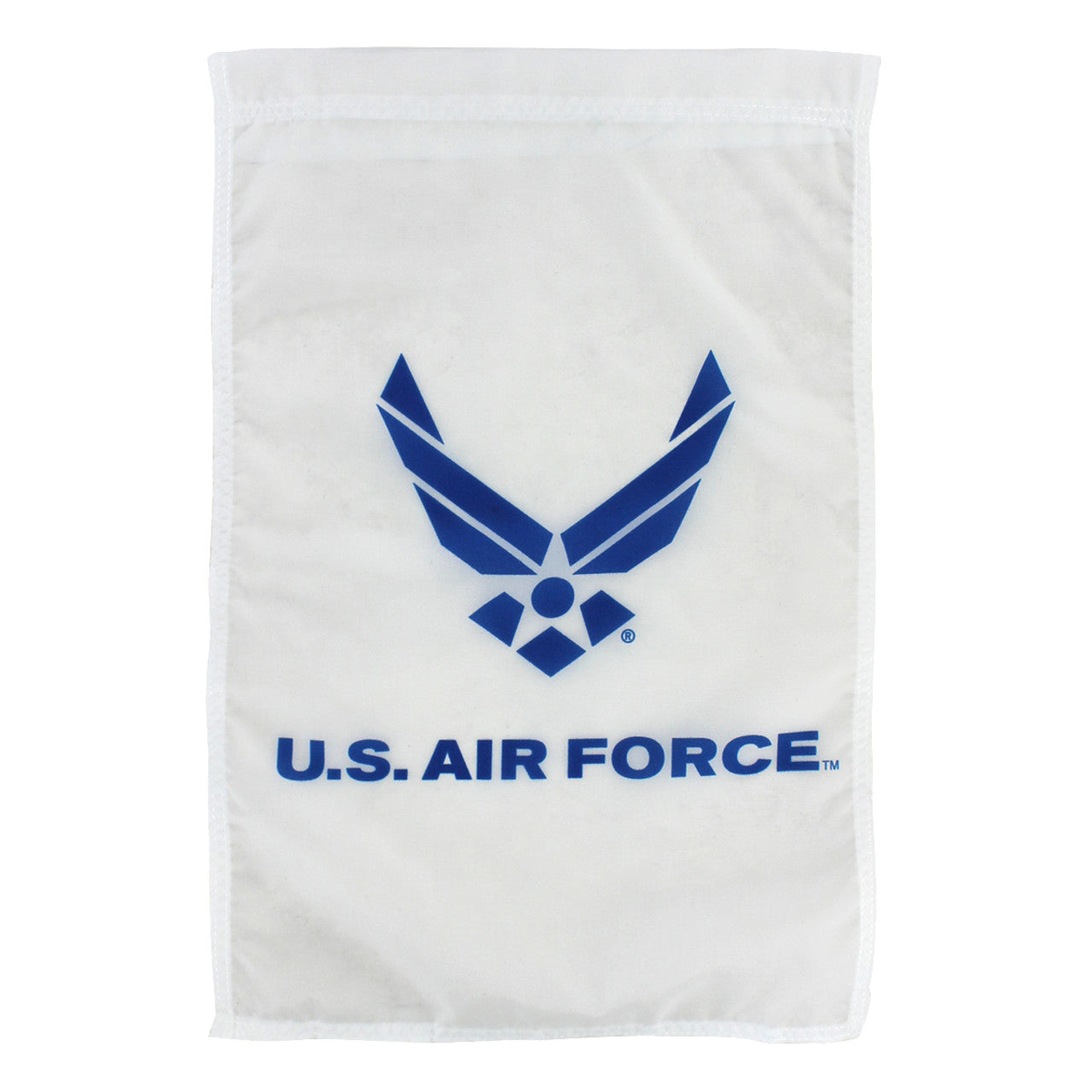 White flag with blue U.S. Air Force logo and text on a white background
