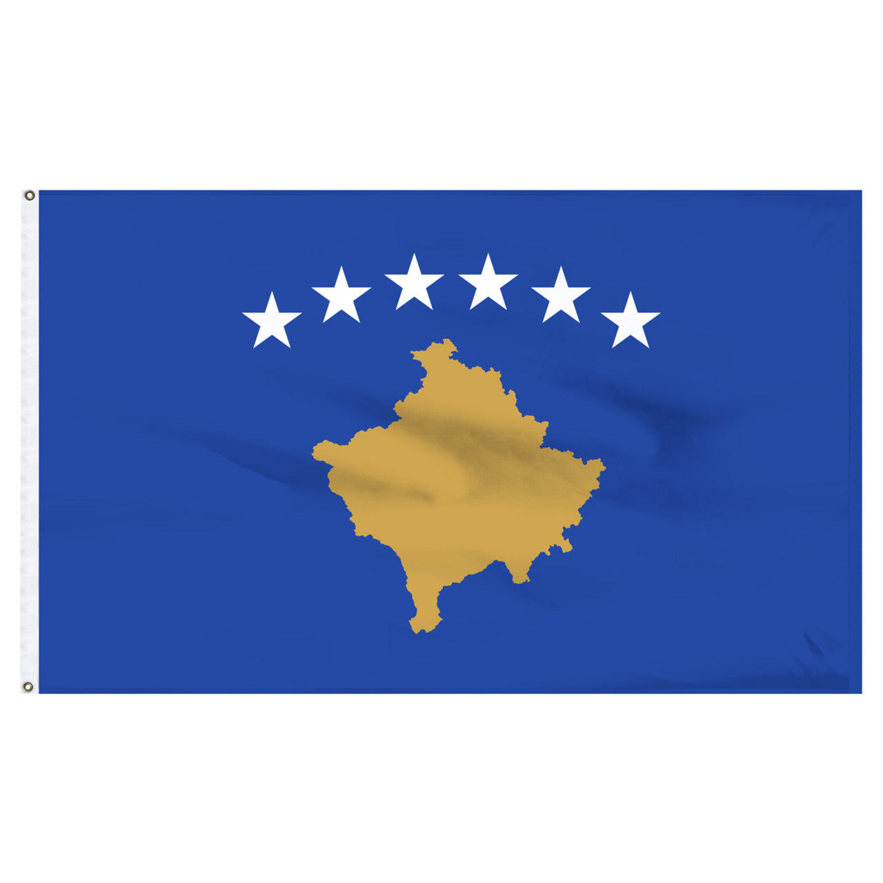 Flag of Kosovo with a blue background and gold map, featuring six white stars.