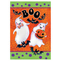 Halloween-themed decorative garden flag with ghosts, pumpkins, and bats on an orange and green background.