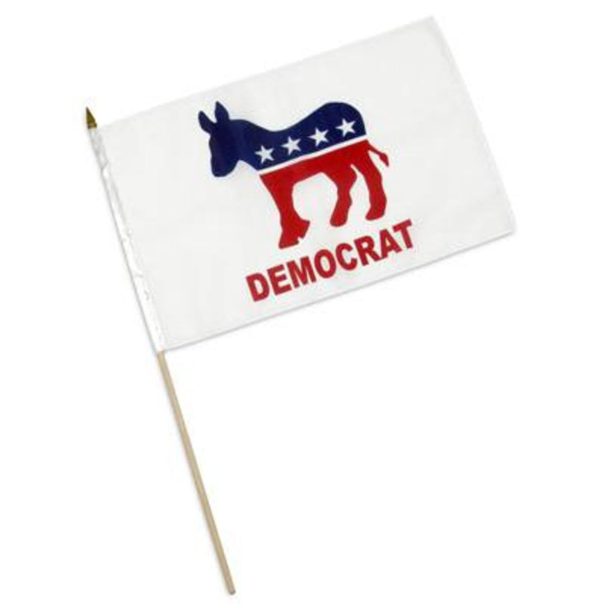 Small flag with a donkey logo and 'Democrat' text on a white background