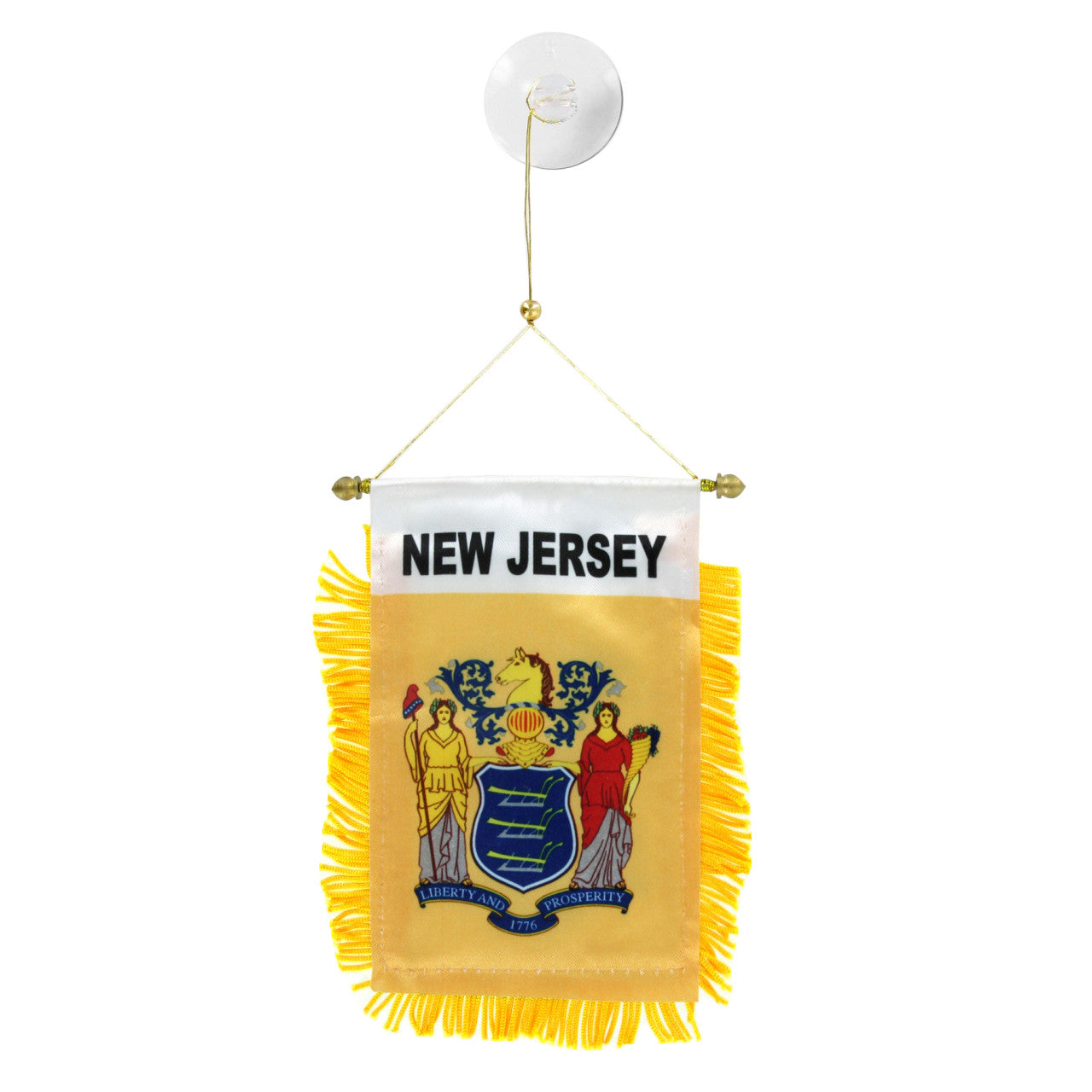 Small hanging flag with 'New Jersey' text and emblem on a white background