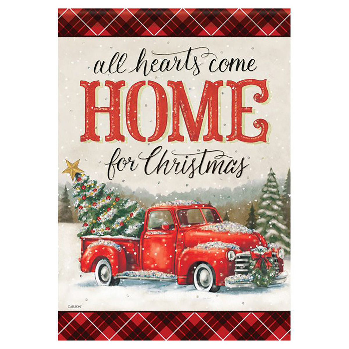 Christmas-themed flag with a red truck and trees, featuring the text 'all hearts come HOME for Christmas'.