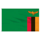 Zambia lag with a green background and a yellow eagle emblem, featuring red, black, and orange stripes.