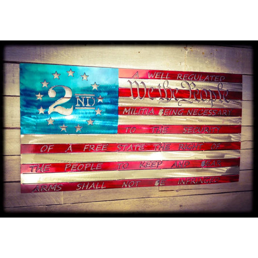 Wooden flag with text and design resembling the Second Amendment on a wooden background