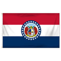 Flag of Missouri with red, white, and blue colors and a central emblem.
