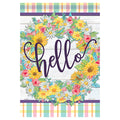 Decorative flag with colorful flowers and 'hello' text on a white background