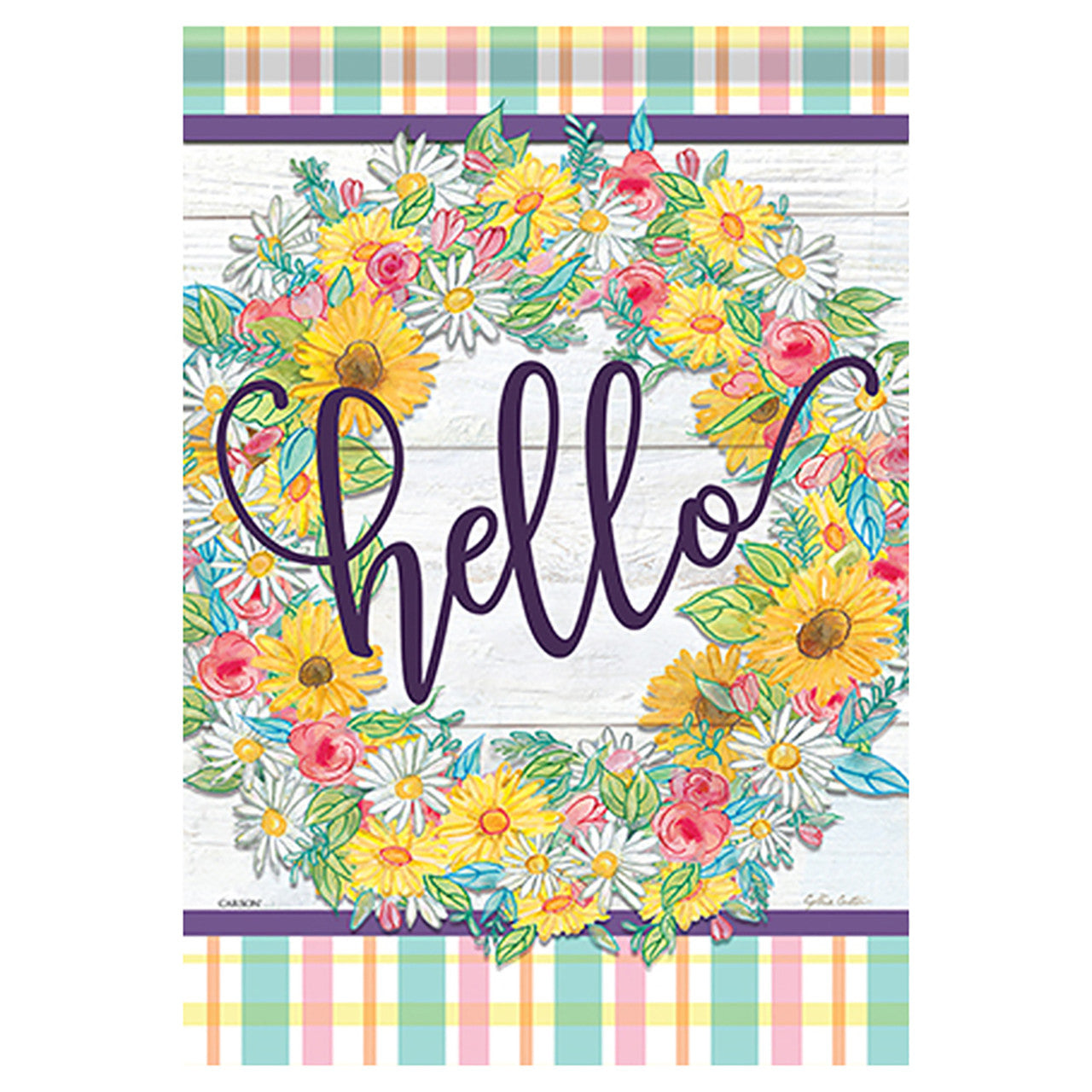 Decorative flag with colorful flowers and 'hello' text on a white background