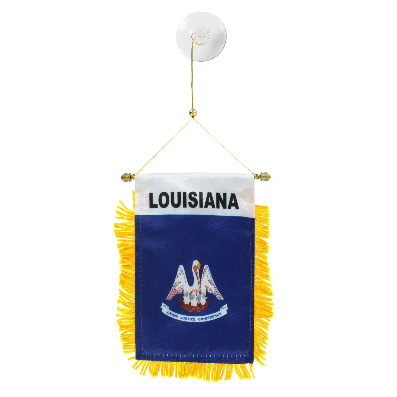 Small flag with 'Louisiana' text and emblem on a white background